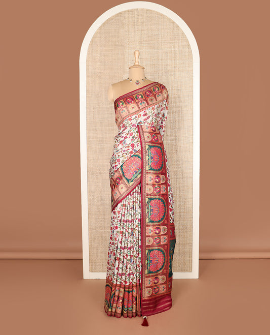 Cream meenakari floral vine dola silk saree, contrast border, and pallu features Mughal style ancient characters