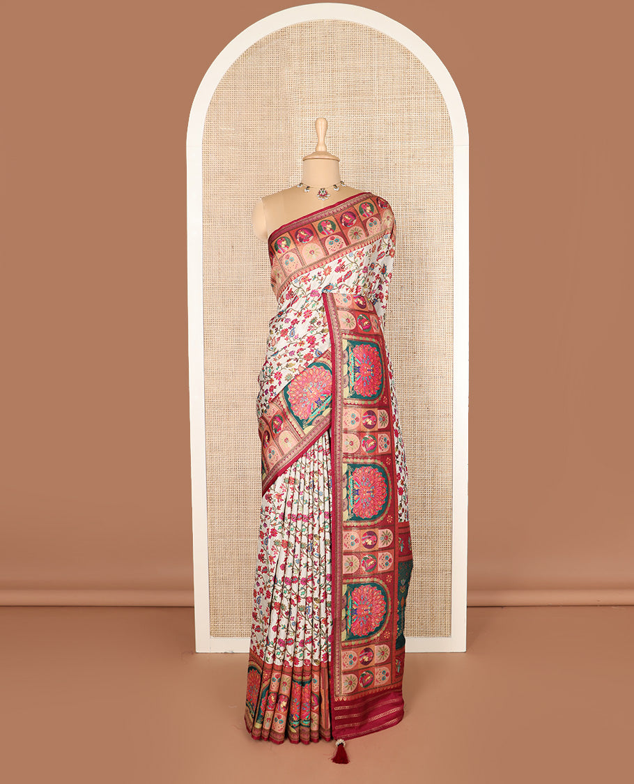 Cream meenakari floral vine dola silk saree, contrast border, and pallu features Mughal style ancient characters
