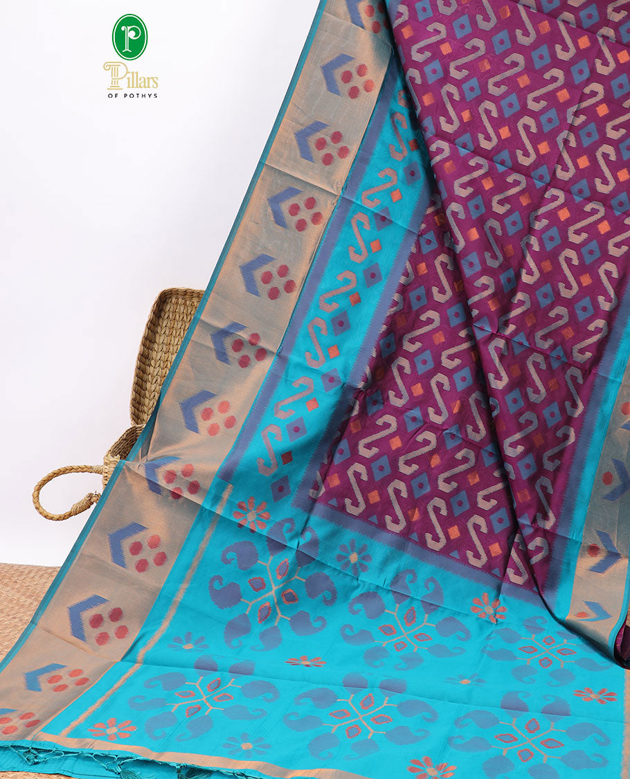 Purple floral design semi-pattola silk saree with contrast floral border &  floral, paisley design pallu