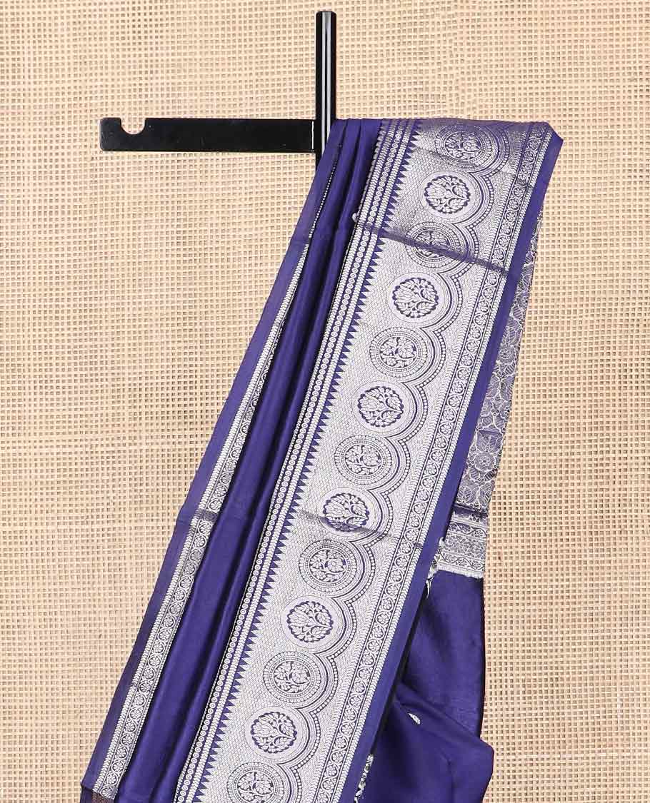 Dark blue floral motifs banaras dupion silk saree with self zari design border & floral jacquard pallu