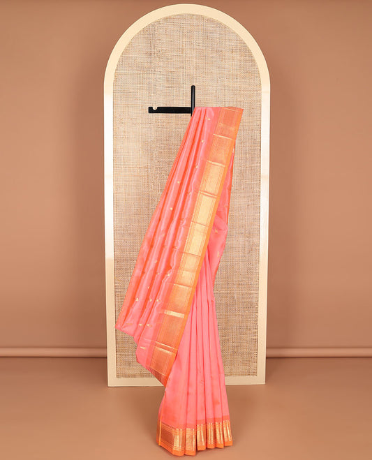 Peach buttas kancheepuram silk saree with contrast border of rekku, muthu, banaras design & striped, floral design pallu