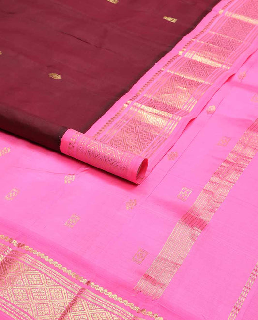 Brown floral buttas kancheepuram silk saree with contrast korvai border of rekku, muthu, banaras, checked design & zari design pallu