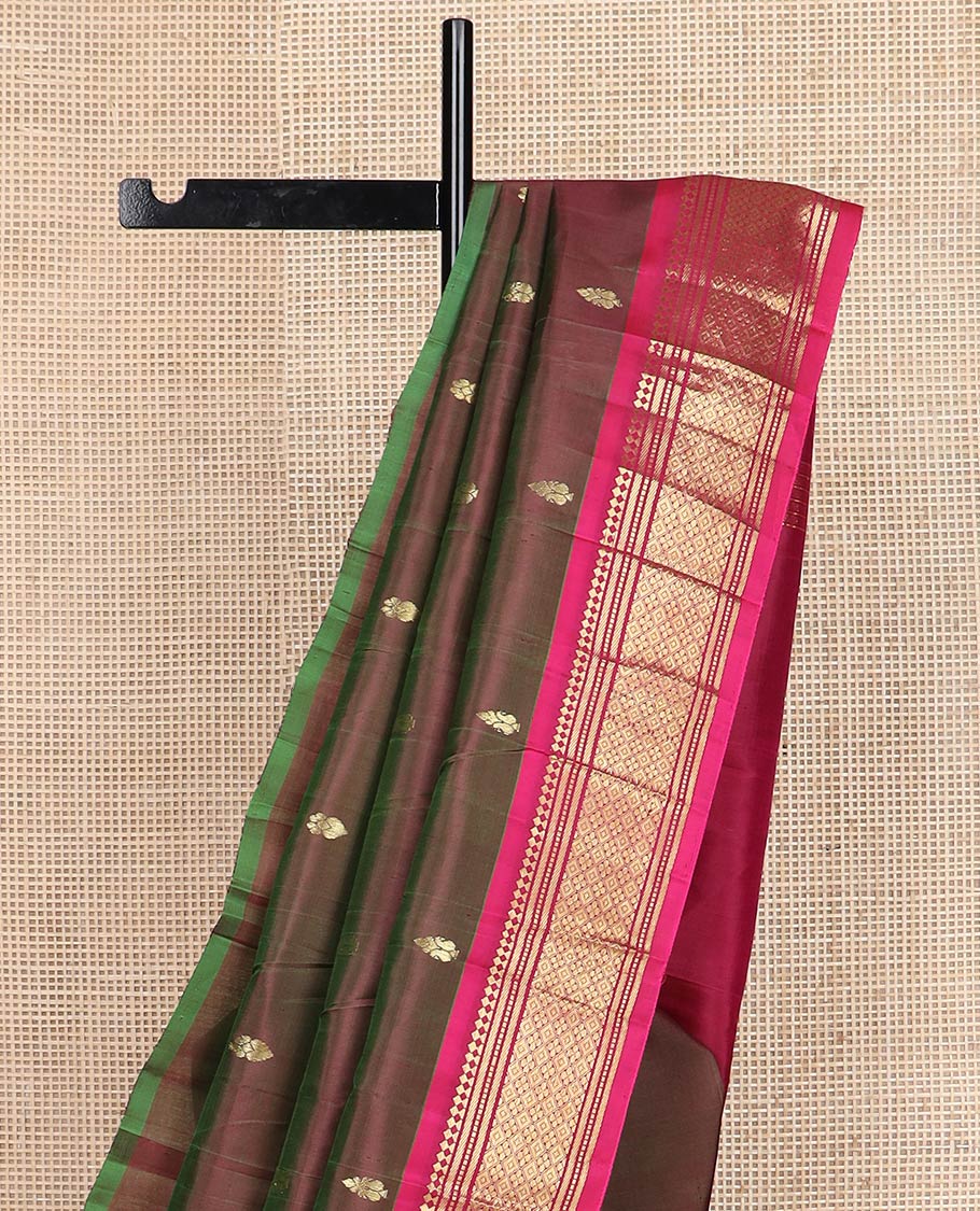 Brown zari buttas kanchipuram silk saree, contrast one-sided border of panner sombu,banaras,muthu & jaal & zari design pallu