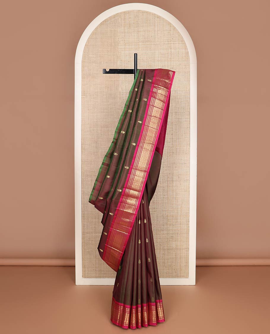 Brown zari buttas kanchipuram silk saree, contrast one-sided border of panner sombu,banaras,muthu & jaal & zari design pallu