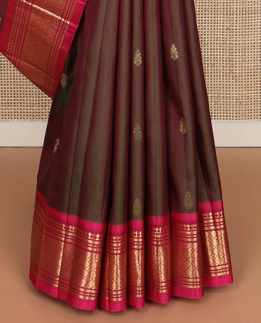 Brown zari buttas kanchipuram silk saree, contrast one-sided border of panner sombu,banaras,muthu & jaal & zari design pallu