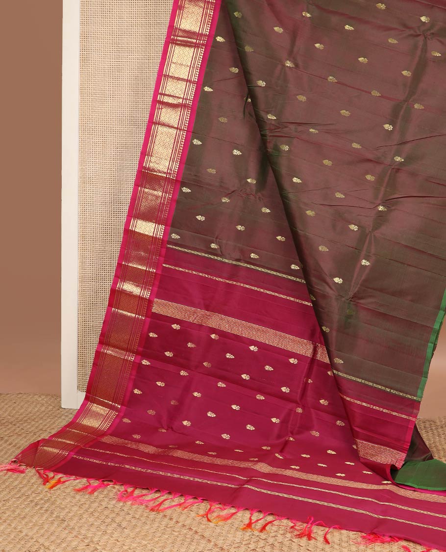 Brown zari buttas kanchipuram silk saree, contrast one-sided border of panner sombu,banaras,muthu & jaal & zari design pallu