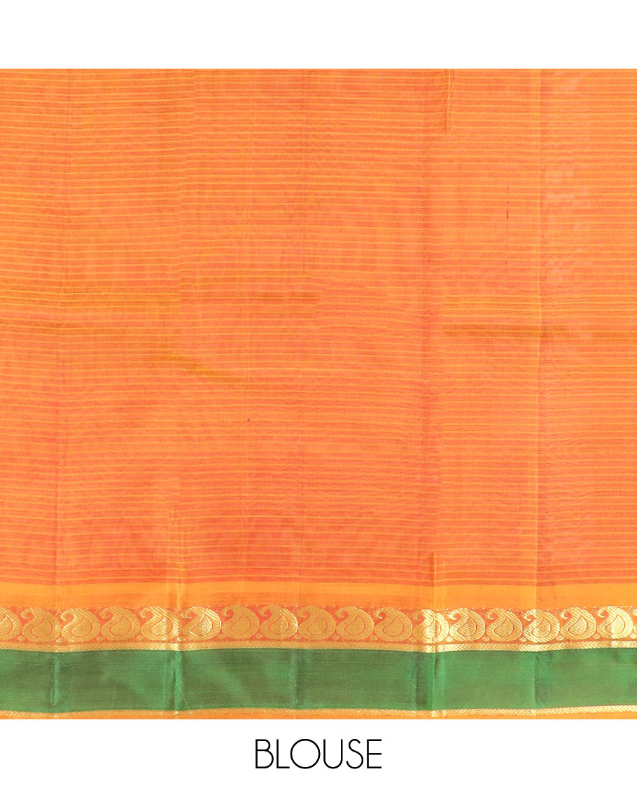 Maroon Kanchipuram Silk Saree Depicting All-Over Stripes and Manga Buttas, Complemented with Contrast Manga and Kathir Design Rettai Pettu Border, Pallu of Zari Designs, and Paired with a Contrast Blouse
