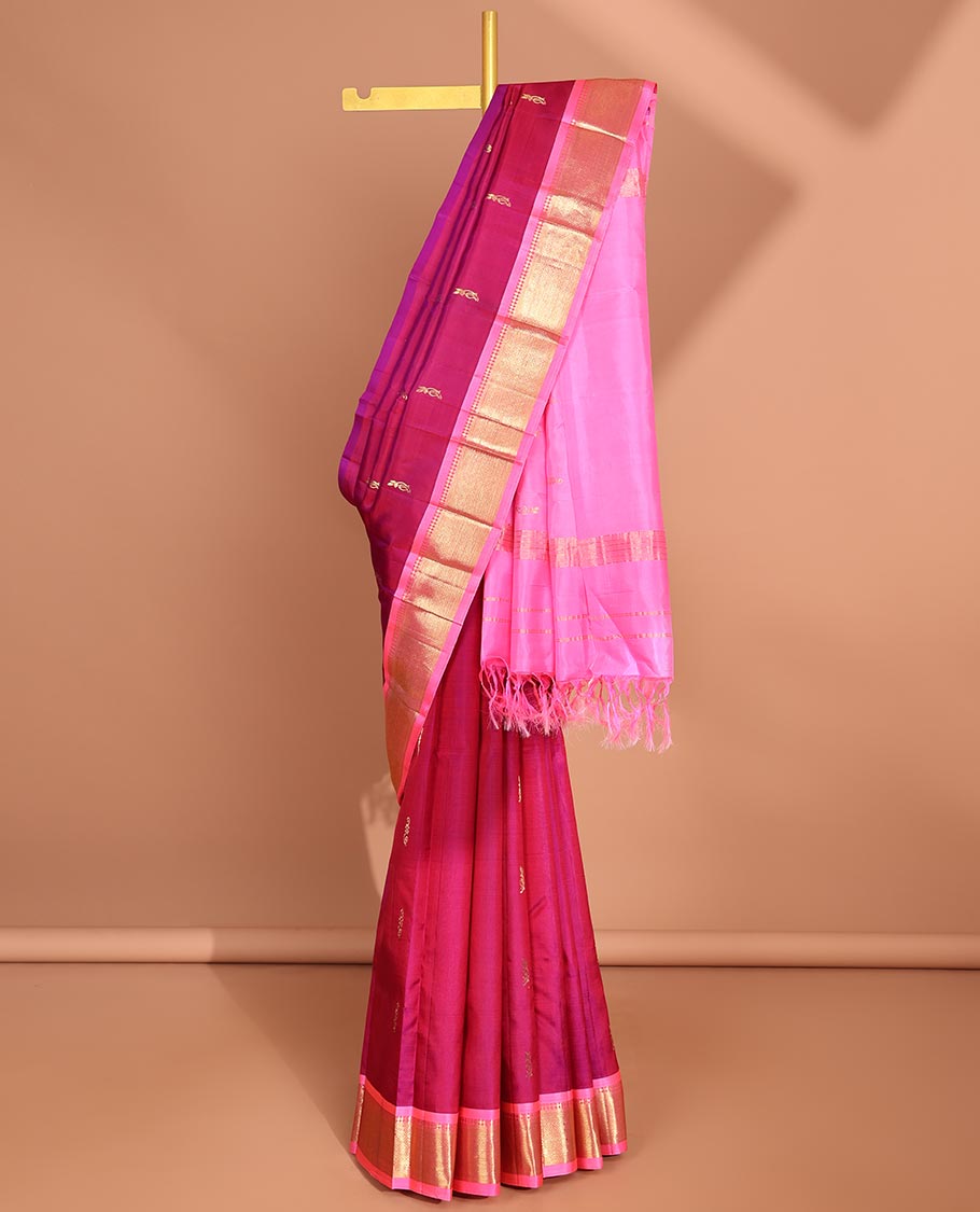 Red floral buttas kancheepuram silk saree with contrast korvai border of intricate zari design & striped, floral design pallu