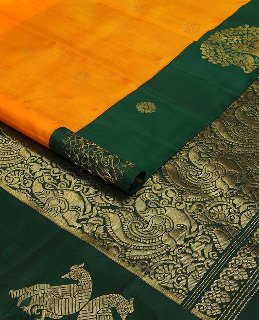 Orange chakram zari buttas kancheepuram silk saree, contrast one-sided korvai border features peacock & tree of life design & pallu steeped with mayil motifs