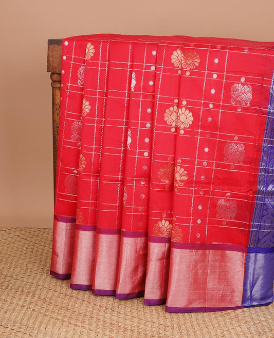 Red striped kuppadam cotton saree, plain border & contrast pallu of intricate designs