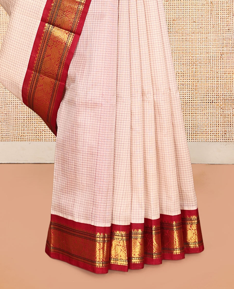 Off-White Checked Kuppadam Silk Saree, a Contrast Traditional Zari Border, Peacock Pallu, a Contrast Blouse