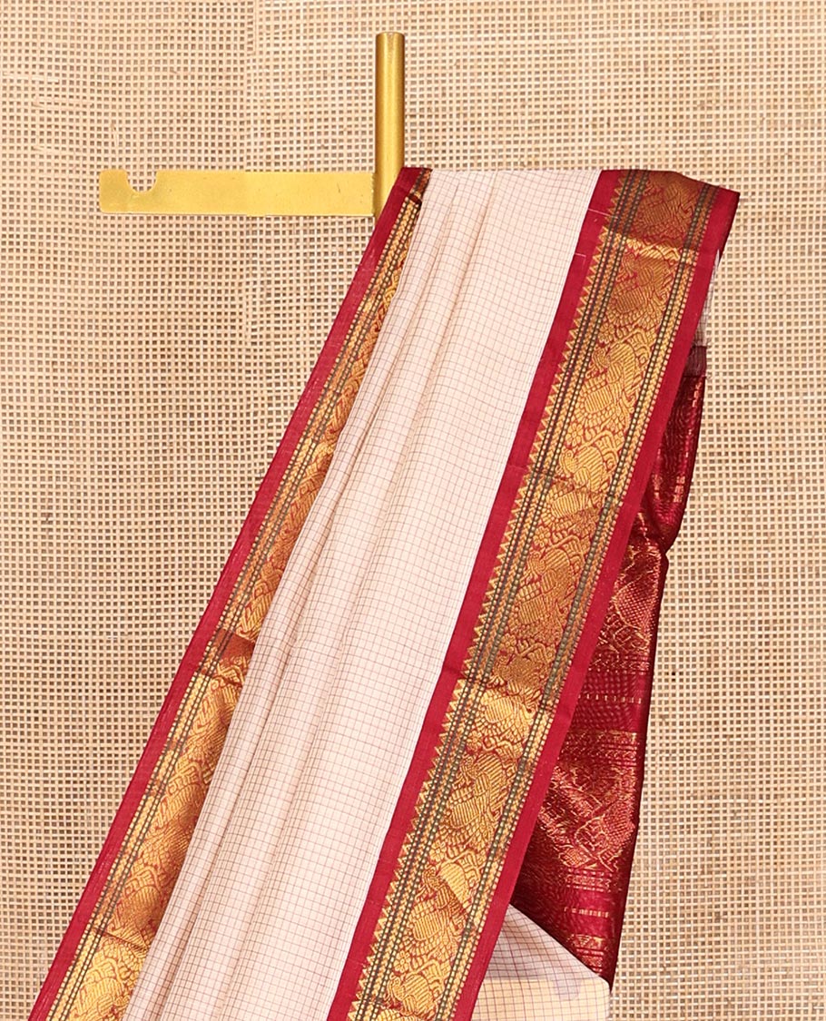 Off-White Checked Kuppadam Silk Saree, a Contrast Traditional Zari Border, Peacock Pallu, a Contrast Blouse