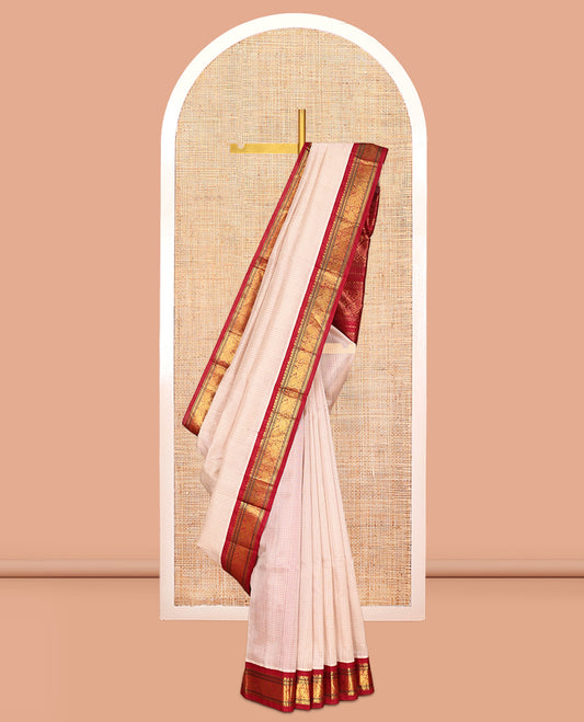 Off-White Checked Kuppadam Silk Saree, a Contrast Traditional Zari Border, Peacock Pallu, a Contrast Blouse