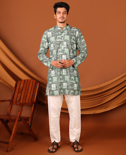 Green Mughal-Themed Printed and Sequined Full-Sleeved Men's Kurta Set