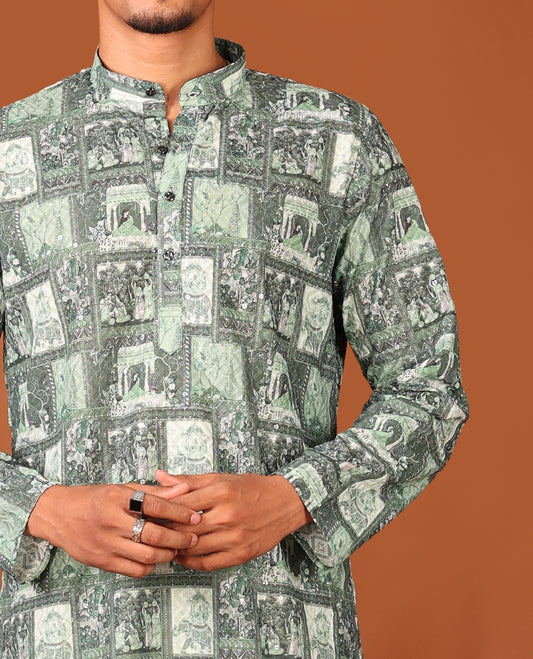 Green Mughal-Themed Printed and Sequined Full-Sleeved Men's Kurta Set