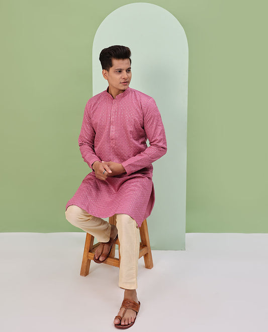Pink sequins and thread jaal design embroidered full-sleeved readymade kurta