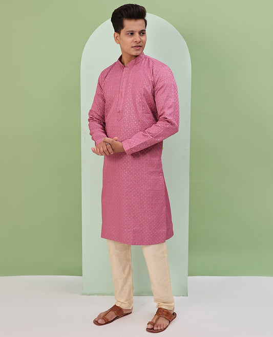 Pink sequins and thread jaal design embroidered full-sleeved readymade kurta