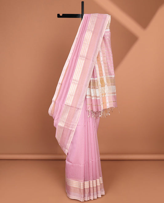 Pink maheshwari cotton saree with contrast striped zari border & striped zari pallu