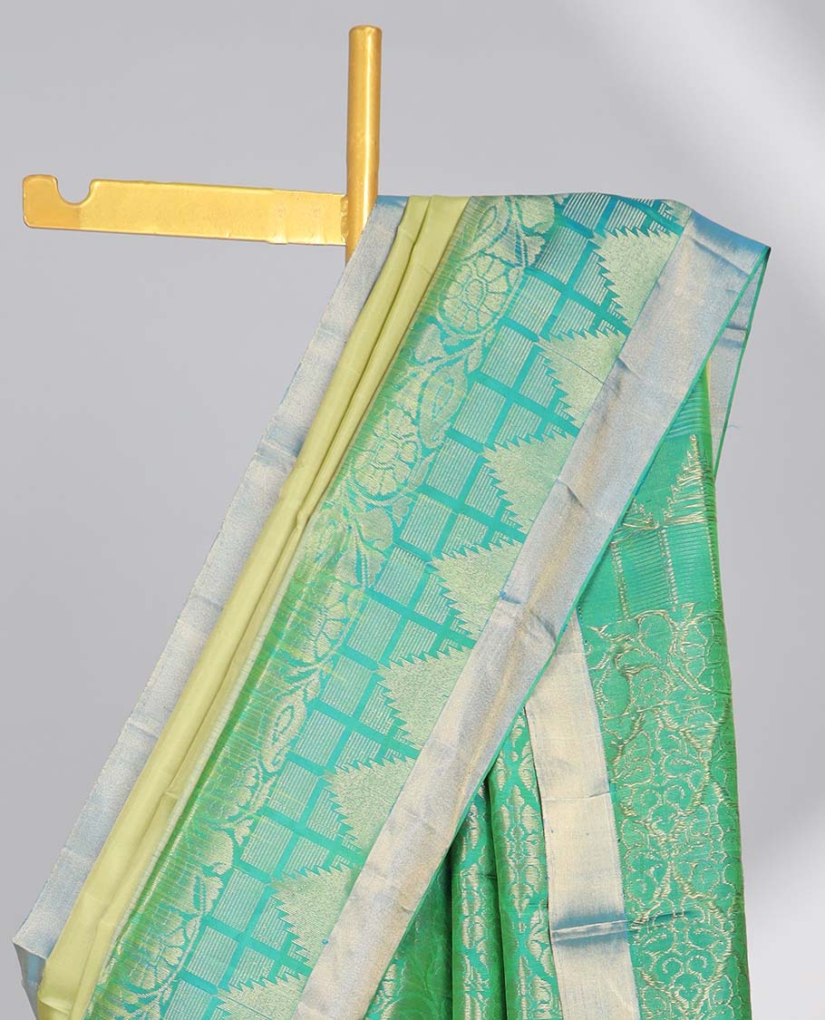 Green buttas soft silk saree with contrast floral border & ogee pattern pallu