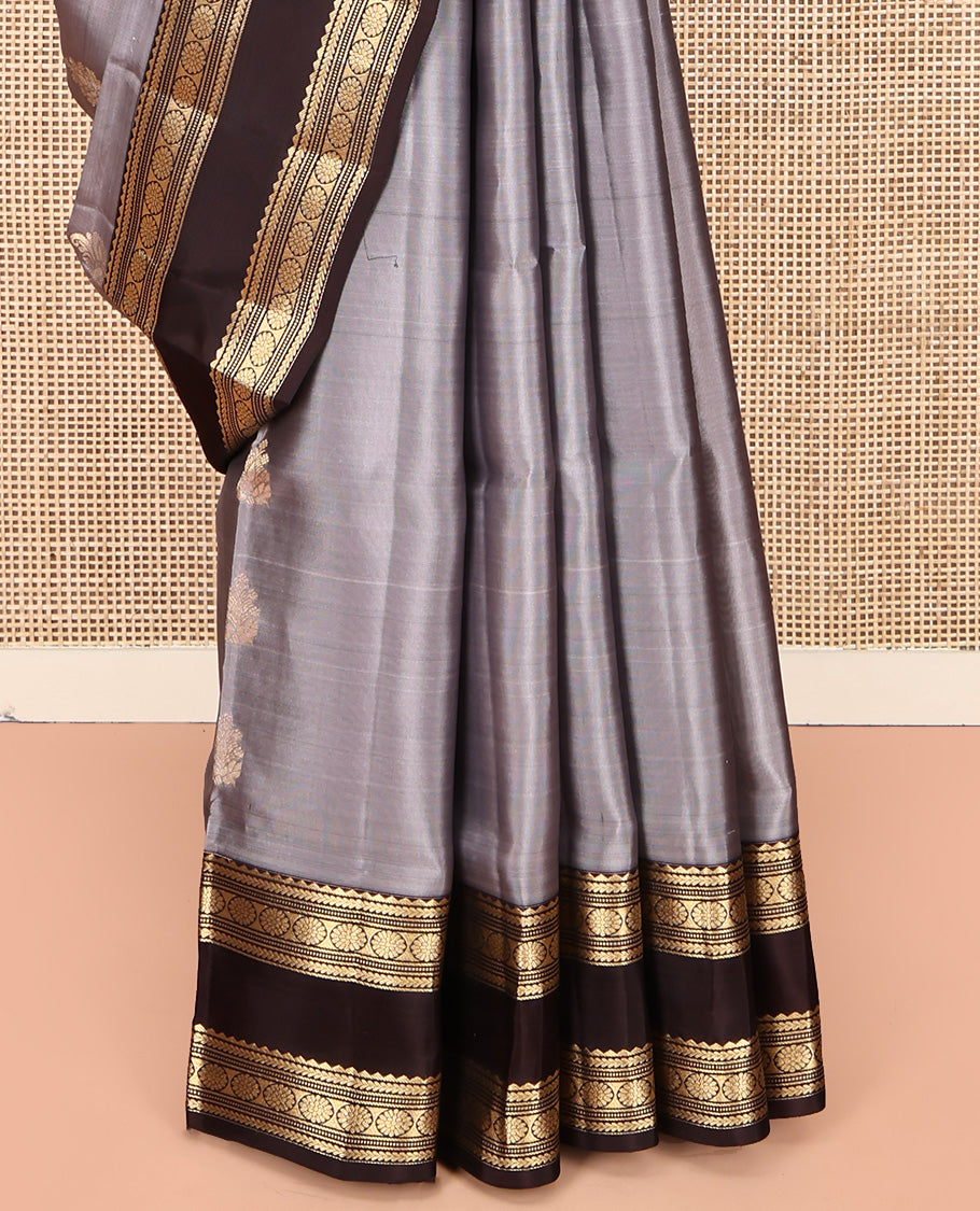 Grey Mayuri Lite Silk Mix Saree, Bedecked with Zari Buttas All Over Its Body, Complemented by Contrast Rettai Pettu Border of Rekku, Kathir, Muthu, Banaras, and Laddu Kamalam Designs, Jaal Pallu, and Paired with Contrast Blouse