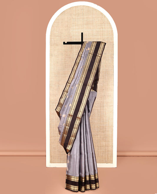 Grey Mayuri Lite Silk Mix Saree, Bedecked with Zari Buttas All Over Its Body, Complemented by Contrast Rettai Pettu Border of Rekku, Kathir, Muthu, Banaras, and Laddu Kamalam Designs, Jaal Pallu, and Paired with Contrast Blouse