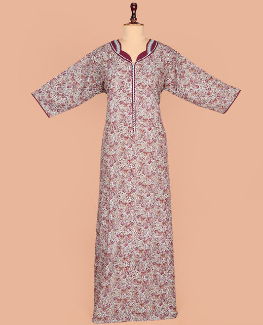 Pale Blue Cotton Nighty Accentuated with Floral Print, Featuring Lace Work, Sweet-Heart-Style Front Neck, and 3/4th Sleeves
