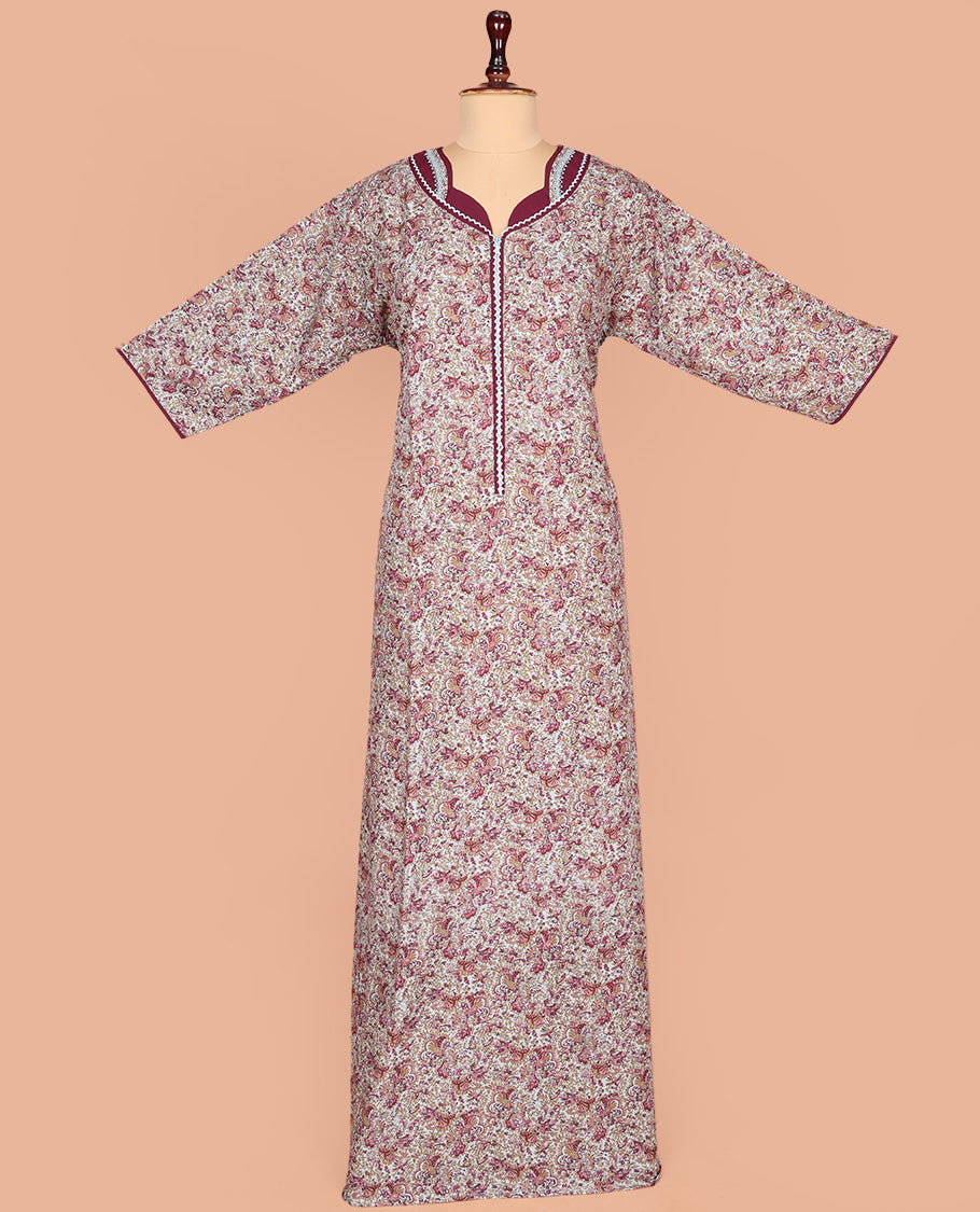 Pale Blue Cotton Nighty Accentuated with Floral Print, Featuring Lace Work, Sweet-Heart-Style Front Neck, and 3/4th Sleeves