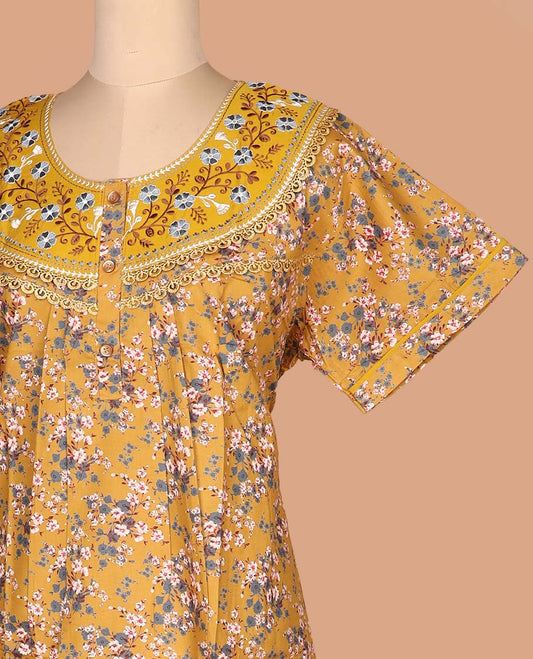 Mustard floral printed with neck floral embroidered half-sleeve round neck cotton nighty