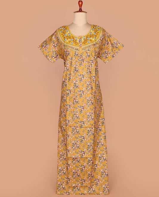 Mustard floral printed with neck floral embroidered half-sleeve round neck cotton nighty