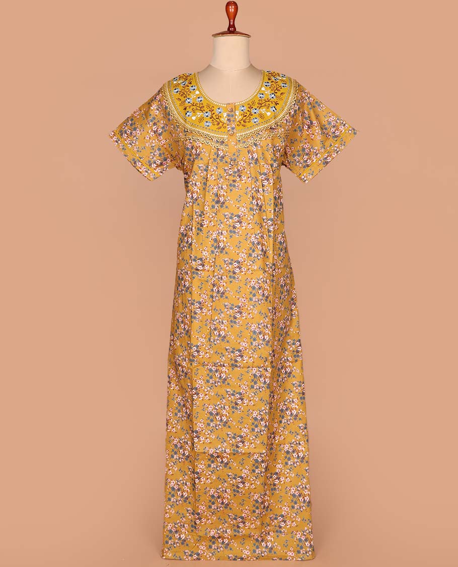 Mustard floral printed with neck floral embroidered half-sleeve round neck cotton nighty