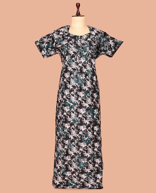 Black Abstract Print Cotton-Blended Nighty