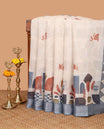Cream geometric design linen saree with zari bawanchi border & geometric printed pallu along with printed blouse