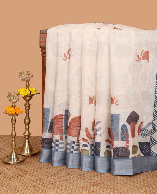 Cream geometric design linen saree with zari bawanchi border & geometric printed pallu along with printed blouse