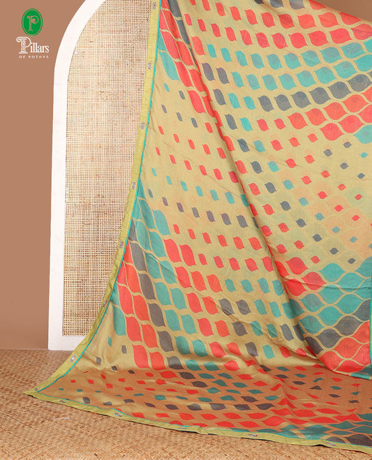 Parrot green digital print chiffon shimmer saree with lace border & self pallu along with printed blouse