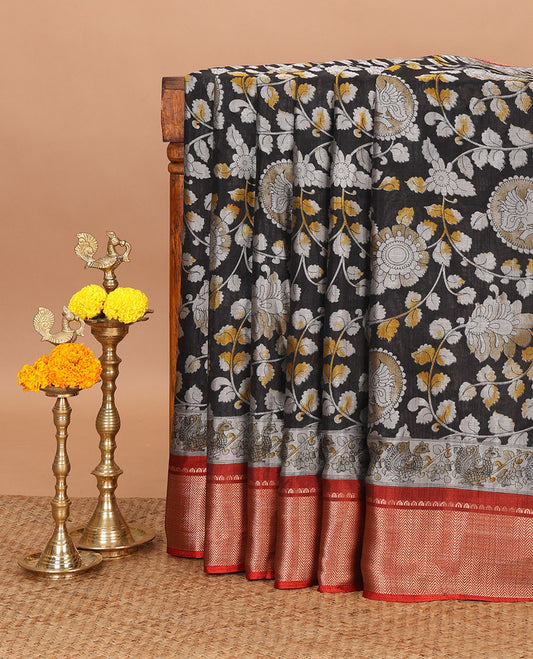 Black kalamkari-style round peocock & floral vine printed dola silk saree,contrast chevron zari border & peacock pallu