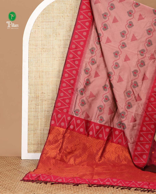 Pink unique motifs thread weave pochampally ikat mulberry silk saree, contrast chevron & polka dot border and zari-rich intricate pallu
