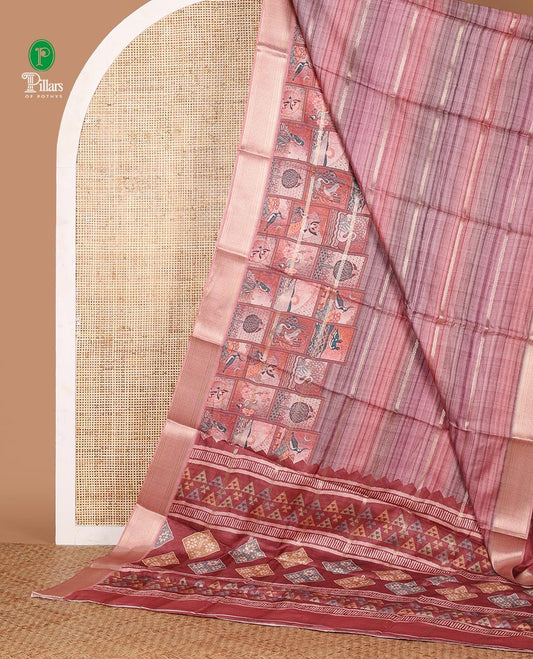 Onion pink horizontal zari striped with bird motifs printed soft tusser saree, traditional zari border & geometric printed pallu