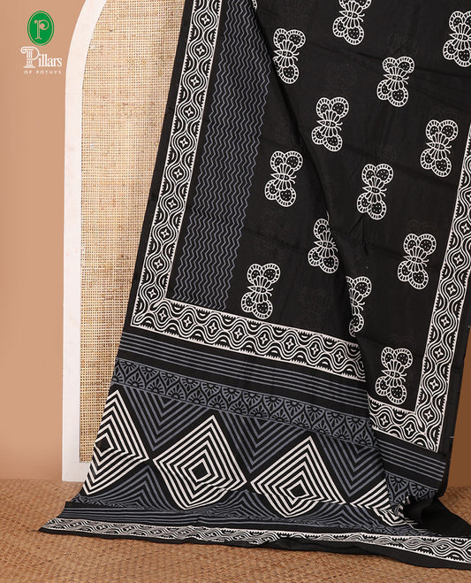 Black butterfly motifs handblock printed jute cotton saree, self-border & pallu of blockprinted geometric patterns & plain black blouse