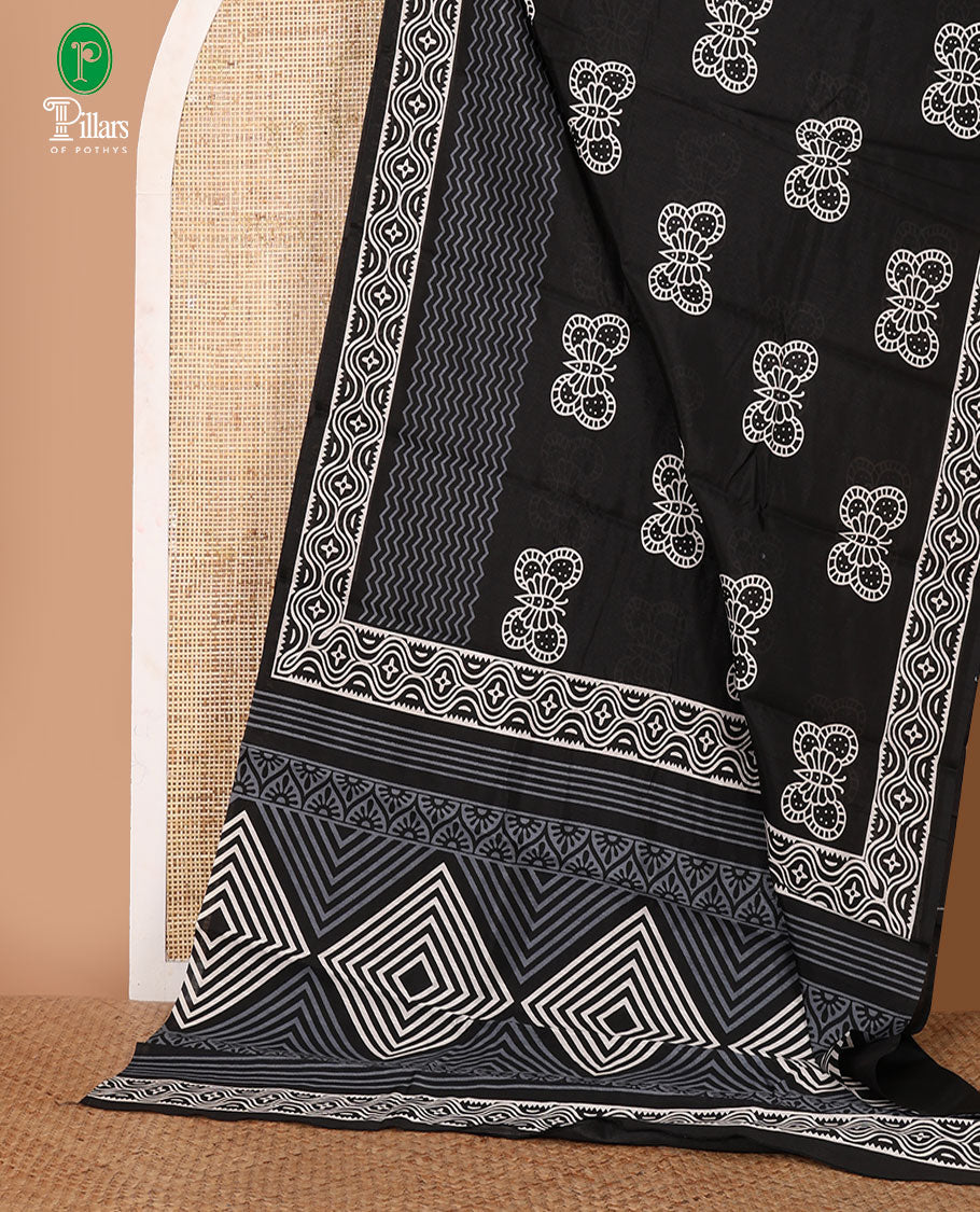 Black butterfly motifs handblock printed jute cotton saree, self-border & pallu of blockprinted geometric patterns & plain black blouse