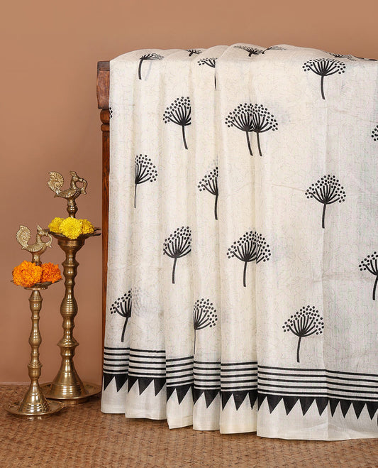 Cream floral-style printed khadi cotton saree, contrast black temple & lining printed border, lining printed border & printed blouse