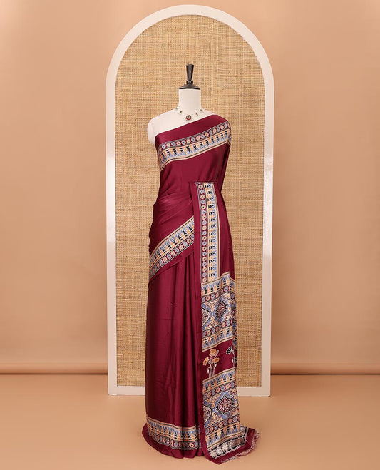 Wine plain design modal satin saree, Ajrakh printed border, floral-Ajrakh printed pallu & Ajrakh printed blouse
