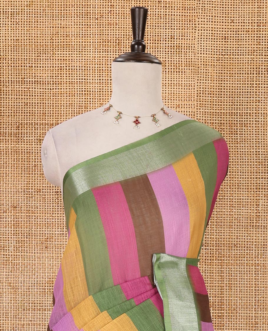 Green-base colorful vertical stripes printed linen cotton saree, silver zari bavanji border, ice cream motifs printed pallu & contrast printed blouse