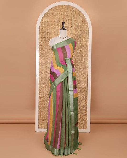 Green-base colorful vertical stripes printed linen cotton saree, silver zari bavanji border, ice cream motifs printed pallu & contrast printed blouse