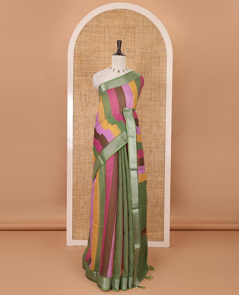 Green-base colorful vertical stripes printed linen cotton saree, silver zari bavanji border, ice cream motifs printed pallu & contrast printed blouse