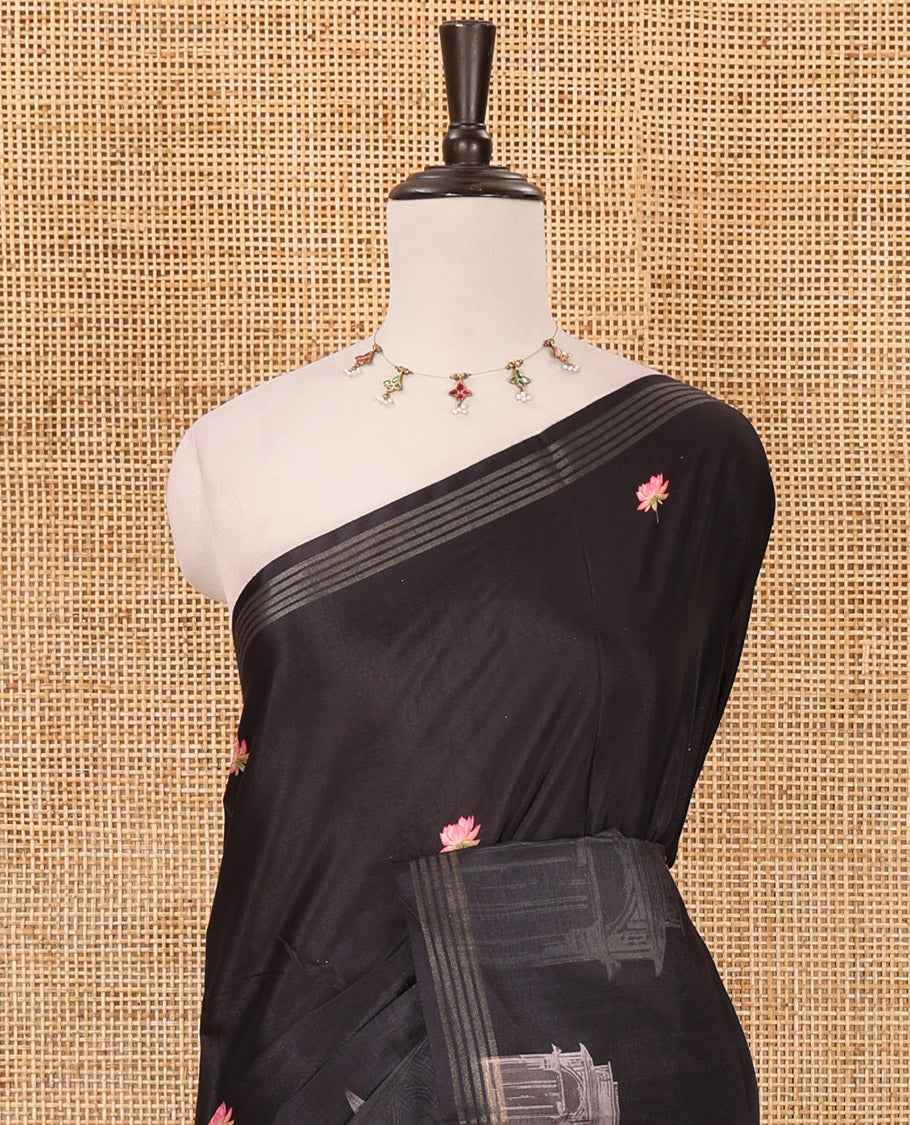 Black pichwai lotus & mughal arches printed soft tussar saree,zari border, pichwai lotus & Radha Krishna printet pallu & pichwai lotus printed blouse