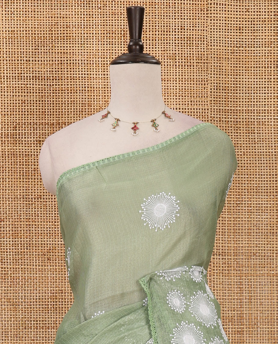 Parrot green star flower motifs chikankari-style embroidered kota check saree, lace border & matching checked blouse