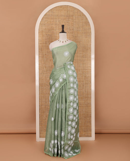 Parrot green star flower motifs chikankari-style embroidered kota check saree, lace border & matching checked blouse