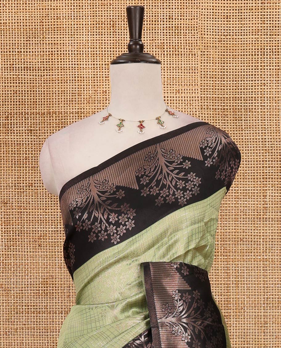 Liril green zari checked & floral buttas kanchi silk saree,contrast satin border of floral zari motifs,intrictae pallu & contrast plain blouse