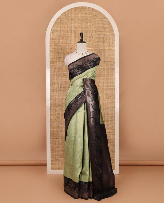 Liril green zari checked & floral buttas kanchi silk saree,contrast satin border of floral zari motifs,intrictae pallu & contrast plain blouse