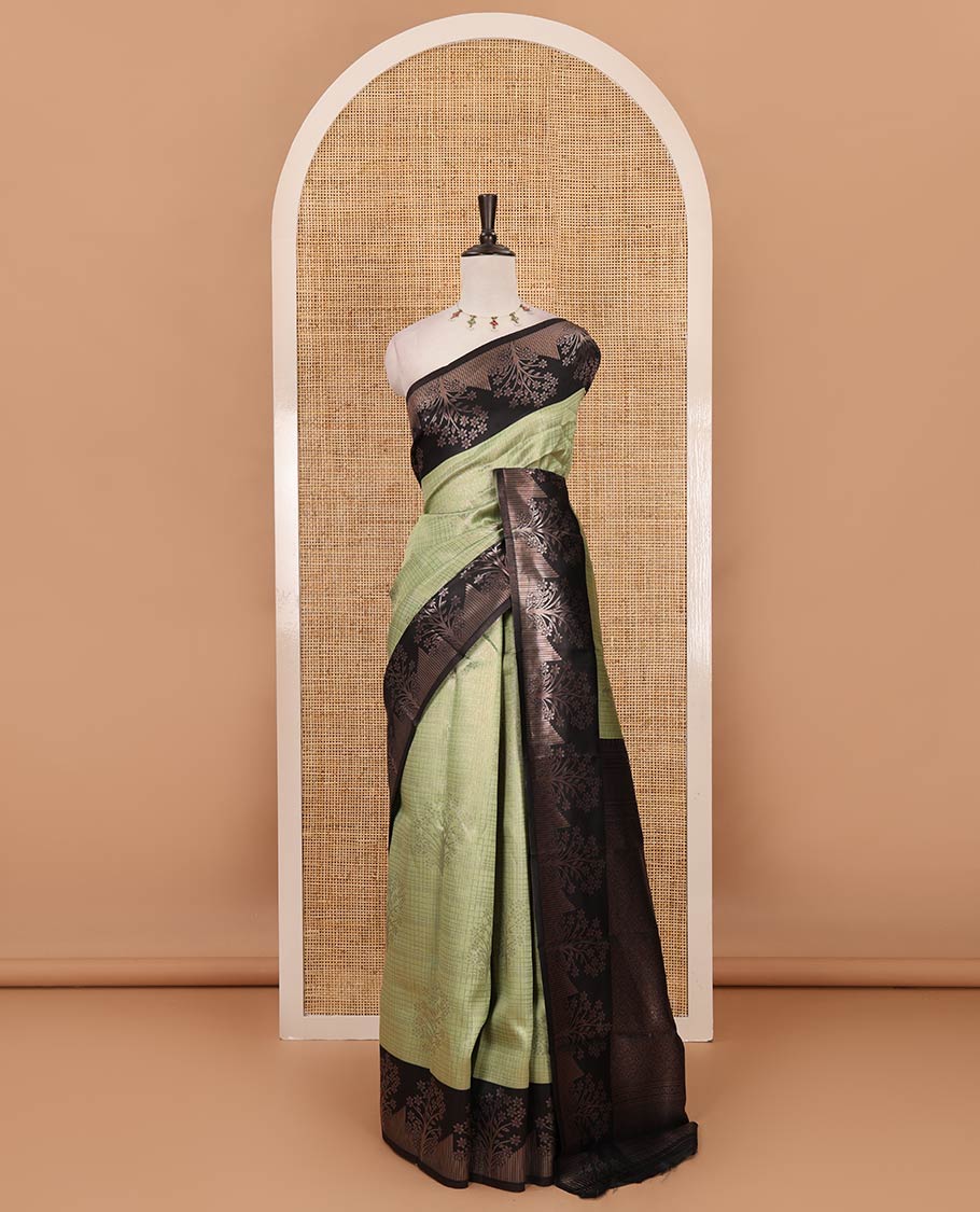 Liril green zari checked & floral buttas kanchi silk saree,contrast satin border of floral zari motifs,intrictae pallu & contrast plain blouse